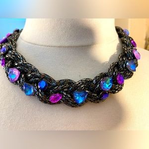Metallic black chain choker with Crystals in blues and purples